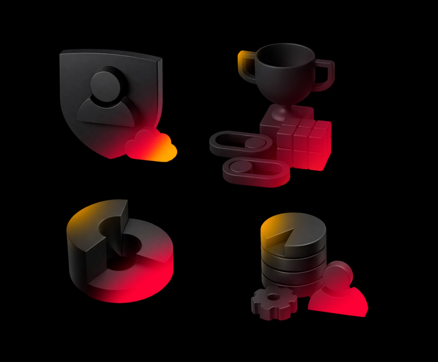 Dark 3D icons with brand gradients
