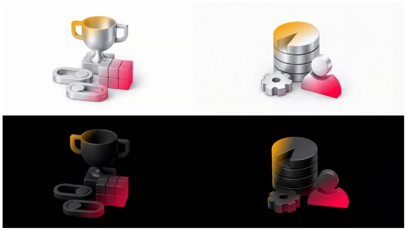 All four original light and dark 3D icon rotation frames